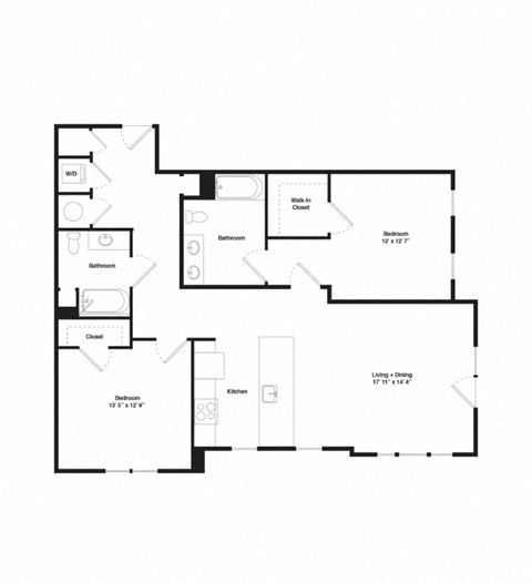 this image shows the floor plan of an apartment with a mix of bedrooms and baths